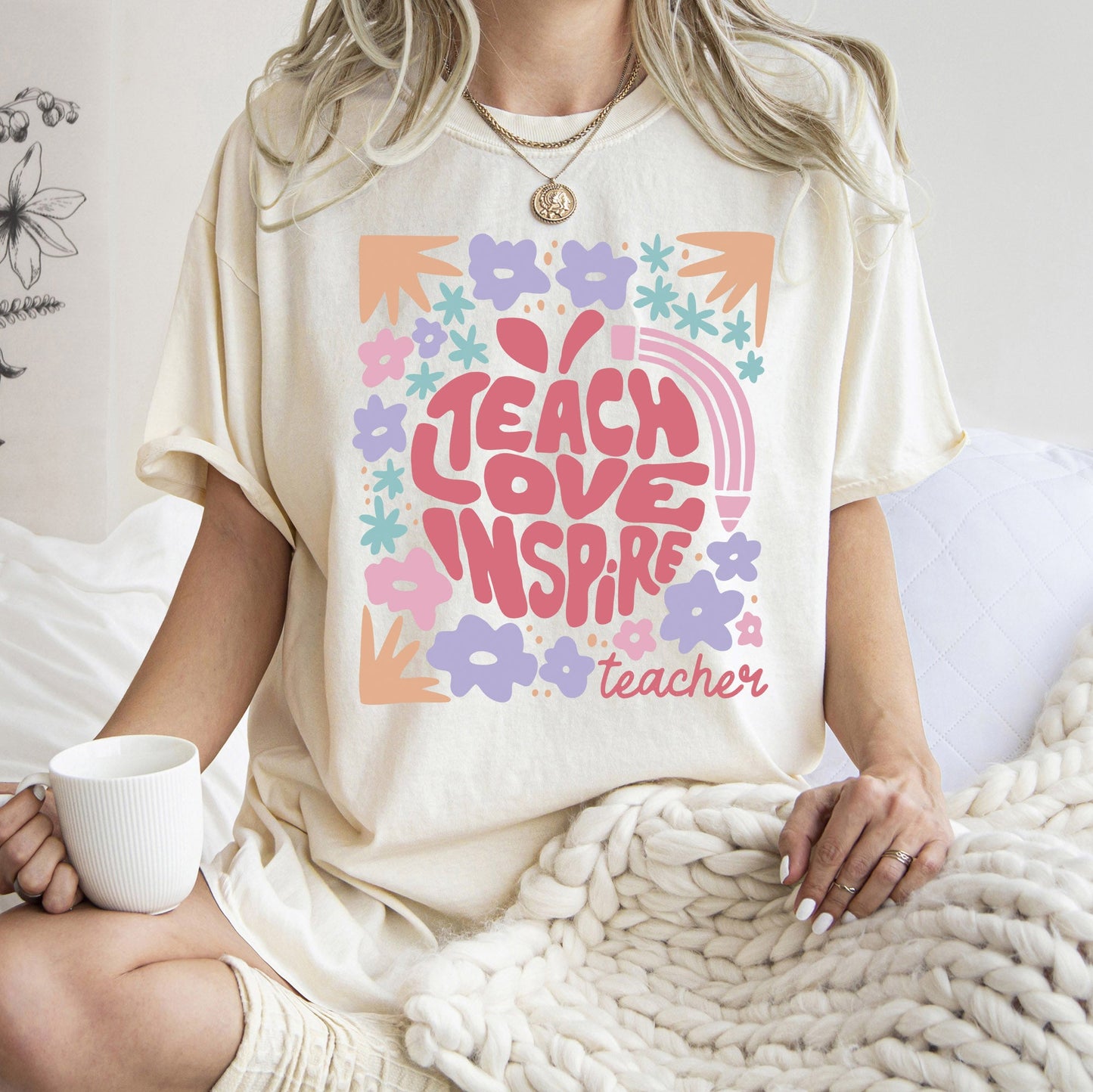 Teach Love Inspire, Teacher, Boho, Floral, Back to School, First Day of School, Cute, Teacher Appreciation, Coquette, Comfort Colors T-Shirt