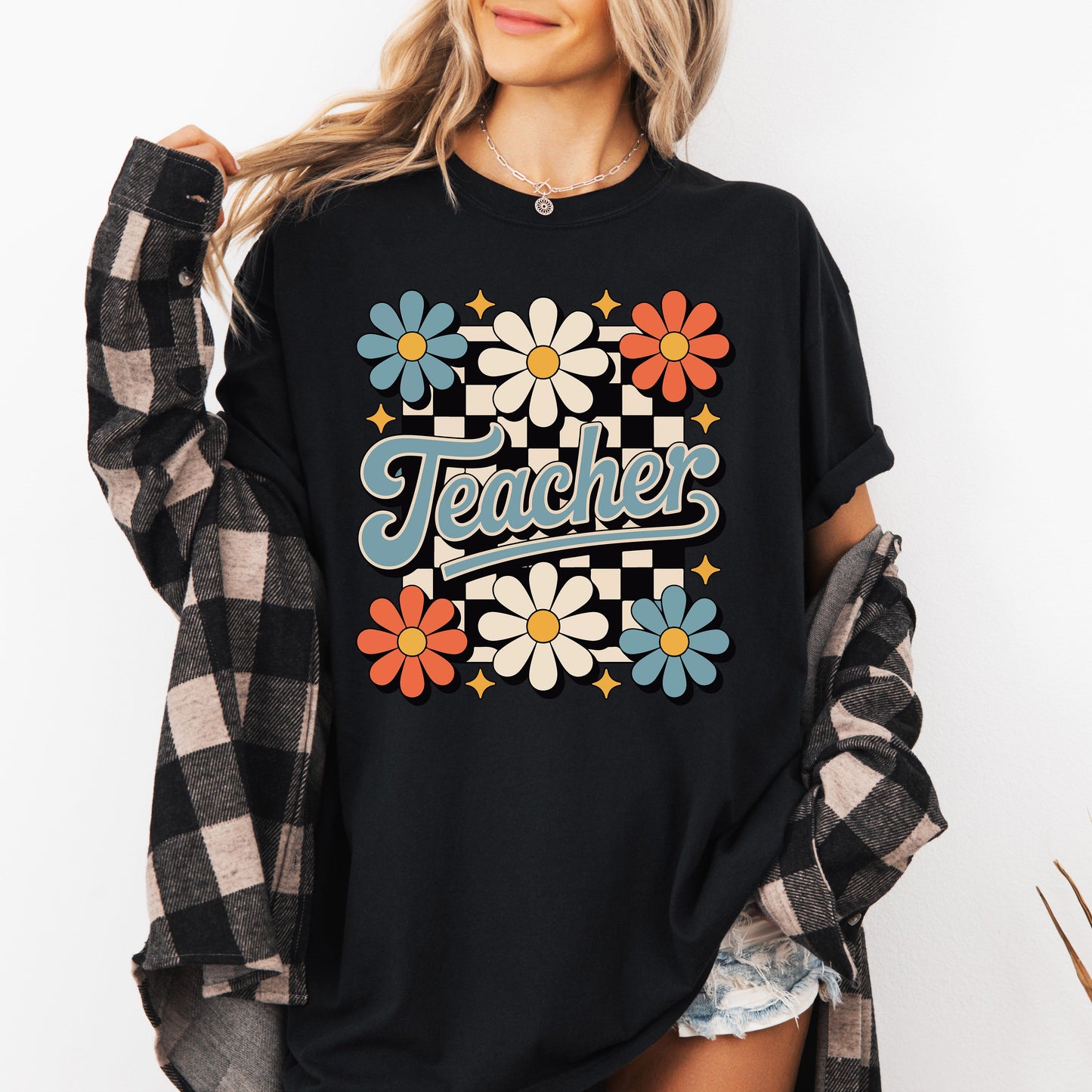 Teacher, Retro Floral, Checkered, First Day of School, Cute, Teacher Appreciation, Coquette, Comfort Colors T-Shirt