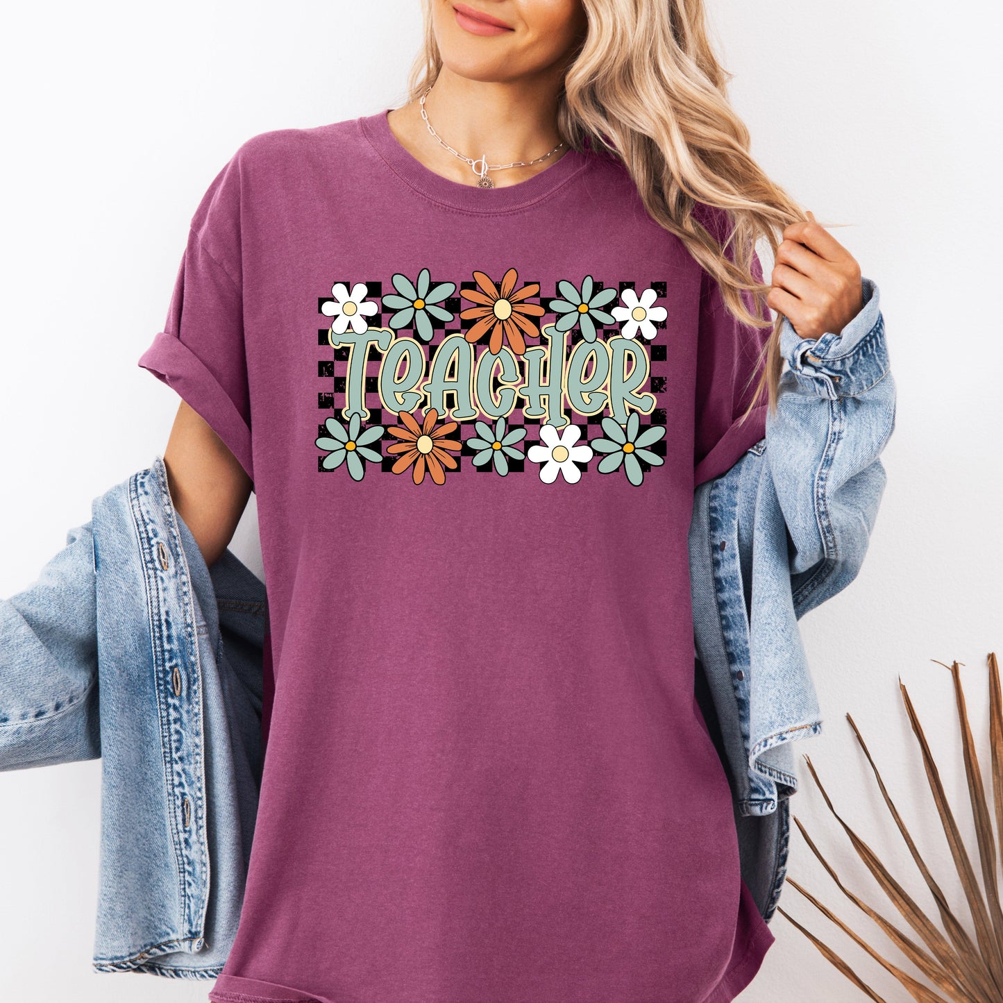 Teacher, Checkered, Floral, Boho, Retro, First Day of School, Cute, Teacher Appreciation, Coquette, Comfort Colors T-Shirt
