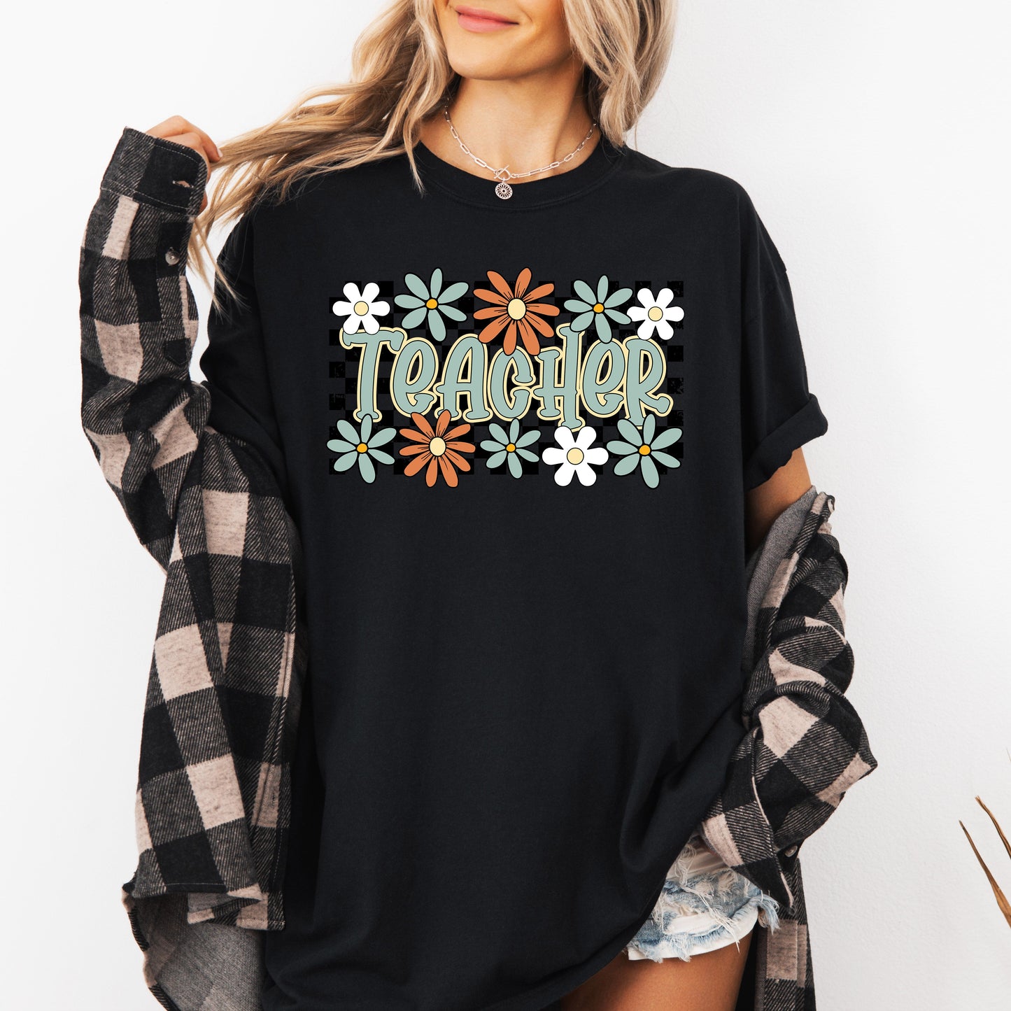 Teacher, Checkered, Floral, Boho, Retro, First Day of School, Cute, Teacher Appreciation, Coquette, Comfort Colors T-Shirt
