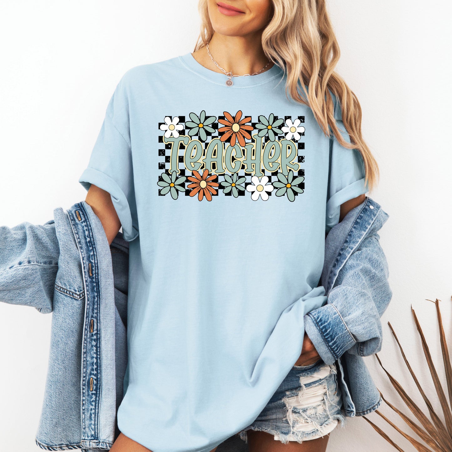 Teacher, Checkered, Floral, Boho, Retro, First Day of School, Cute, Teacher Appreciation, Coquette, Comfort Colors T-Shirt