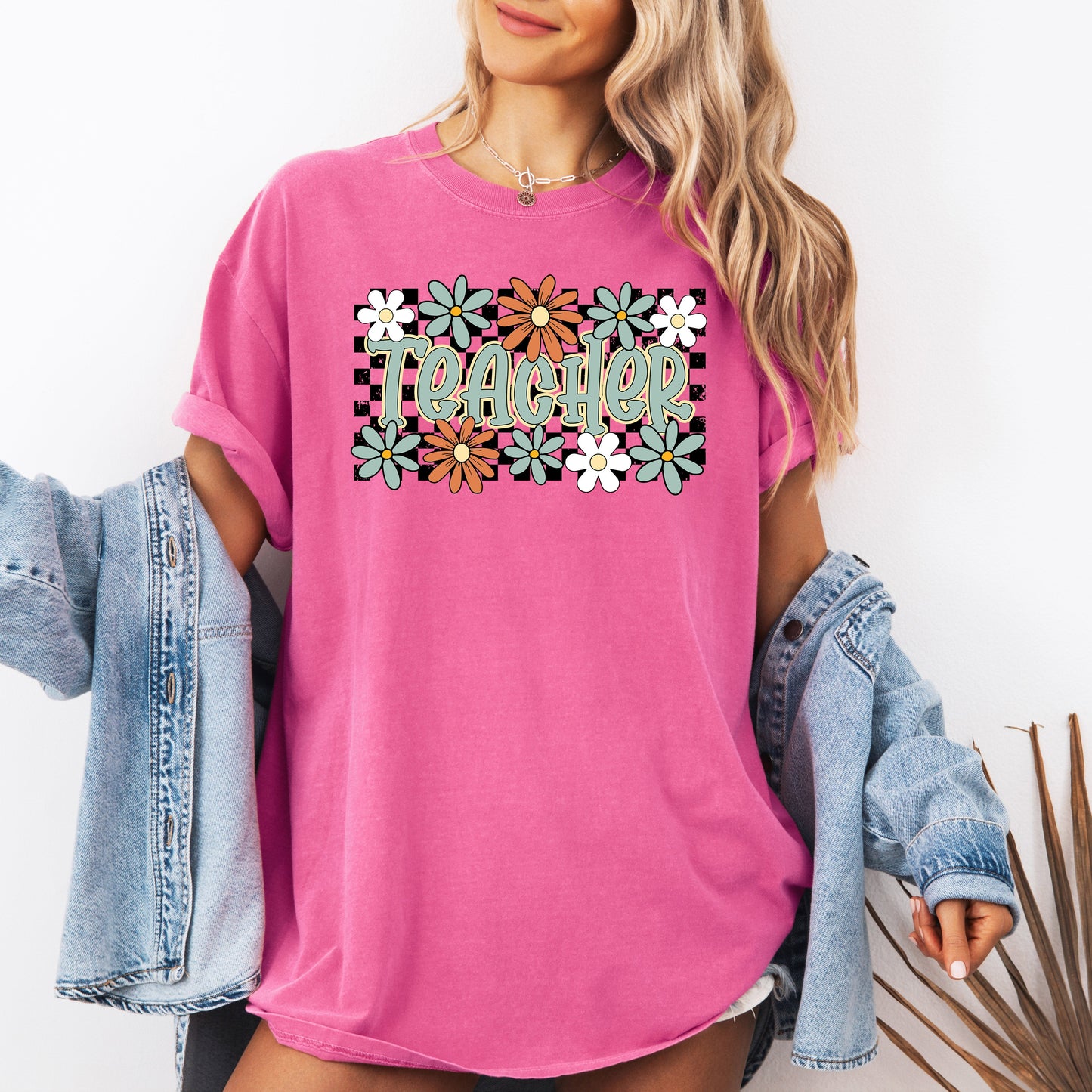 Teacher, Checkered, Floral, Boho, Retro, First Day of School, Cute, Teacher Appreciation, Coquette, Comfort Colors T-Shirt
