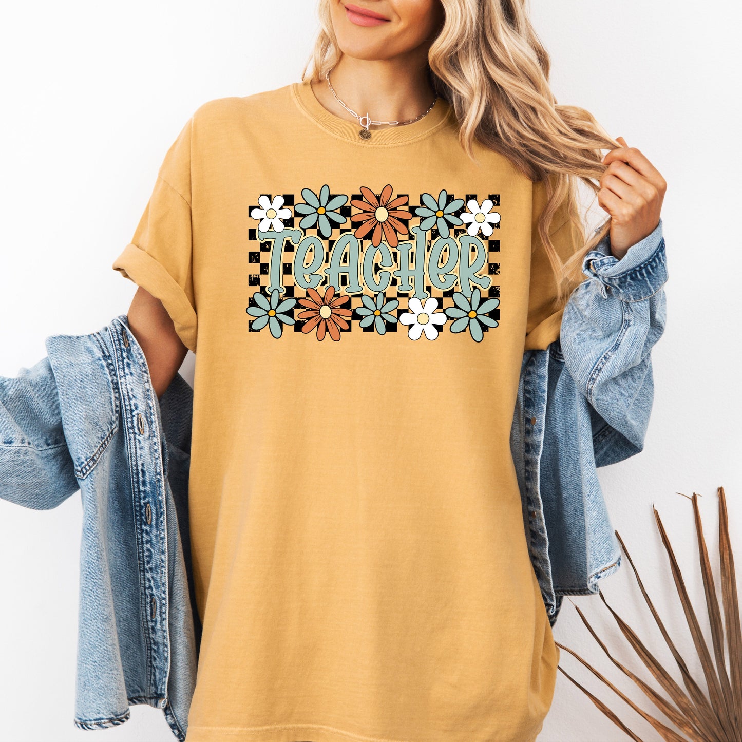 Teacher, Checkered, Floral, Boho, Retro, First Day of School, Cute, Teacher Appreciation, Coquette, Comfort Colors T-Shirt