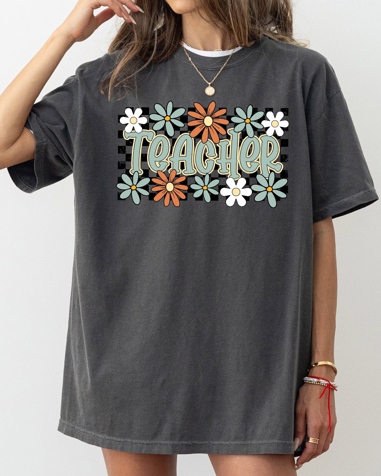 Teacher, Checkered, Floral, Boho, Retro, First Day of School, Cute, Teacher Appreciation, Coquette, Comfort Colors T-Shirt