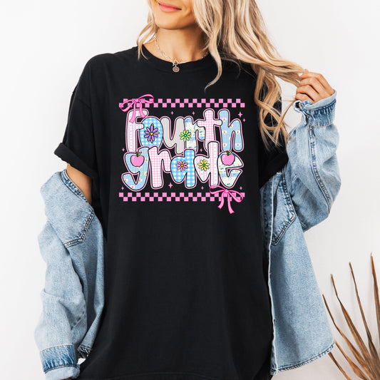 Fourth Grade Teacher, Retro, Checkered, Back to School, First Day of School, Cute, Teacher Appreciation, Coquette, Comfort Colors T-Shirt