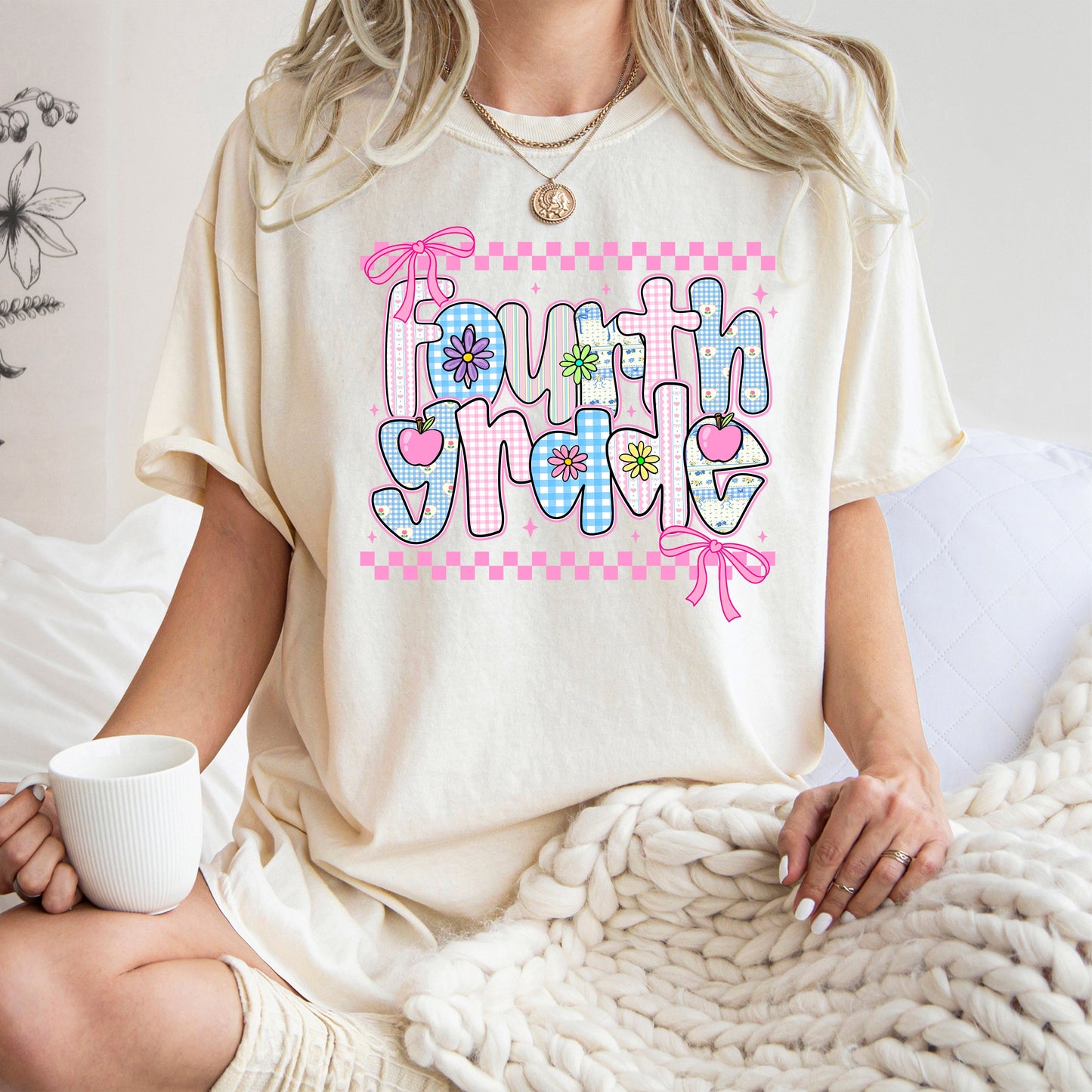 Fourth Grade Teacher, Retro, Checkered, Back to School, First Day of School, Cute, Teacher Appreciation, Coquette, Comfort Colors T-Shirt