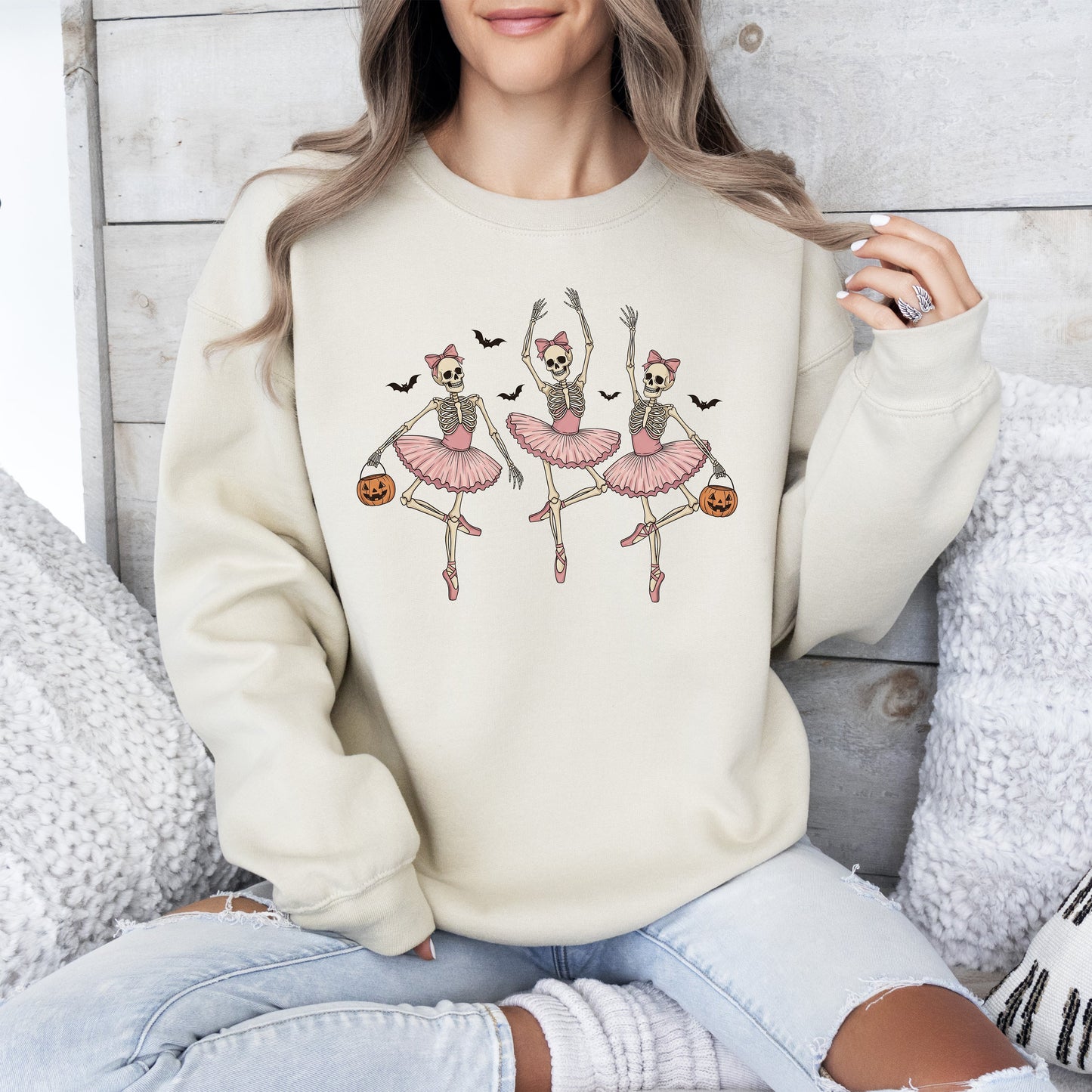 Dancing Skeleton Girls, Halloween, Ghost, Checkered, Retro, Vintage, Spooky, Costume, Fall, Graphic Sweatshirt