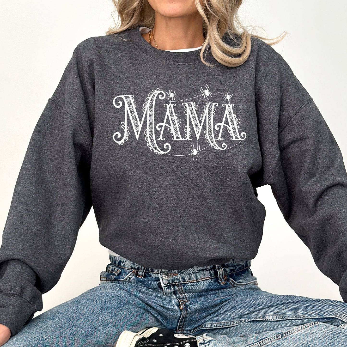 Mama, Lace, Spiders, Halloween, Ghost, Checkered, Retro, Vintage, Spooky, Costume, Fall, Graphic Sweatshirt