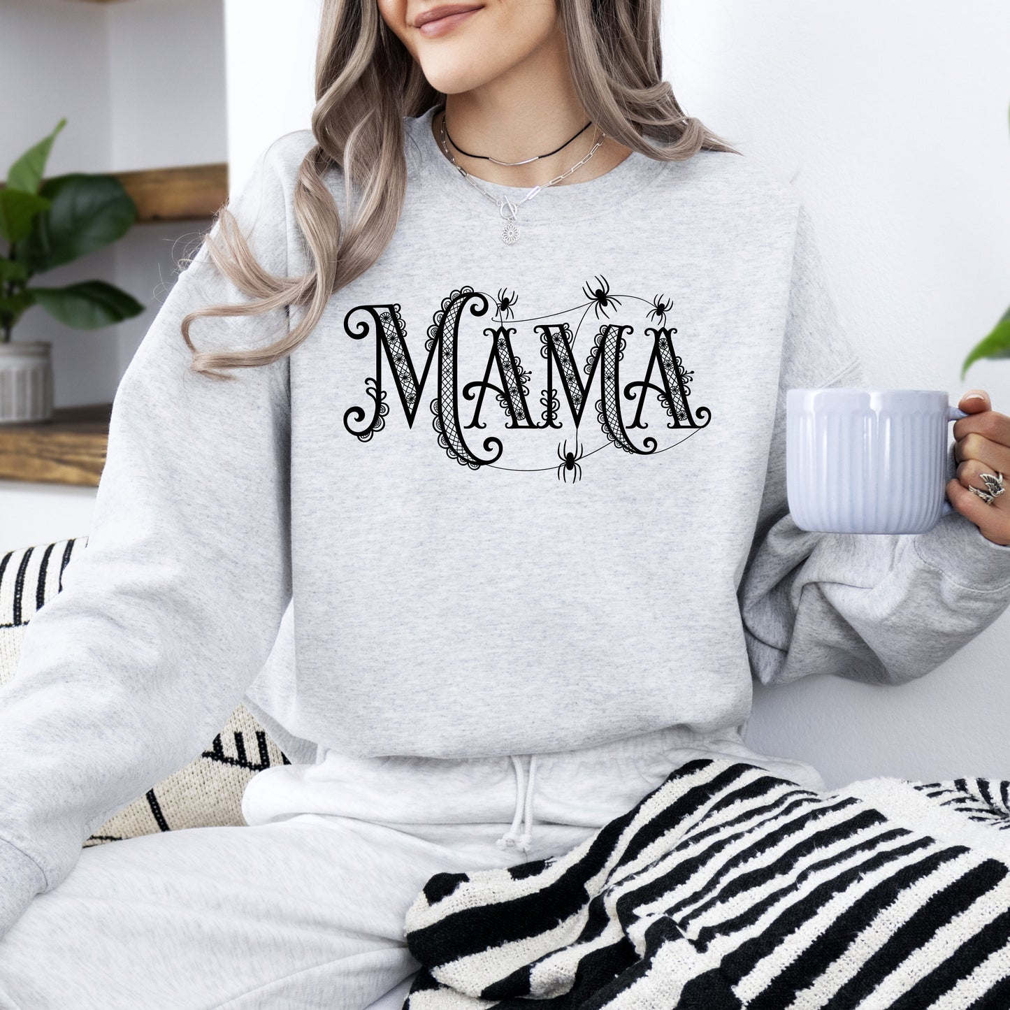 Mama, Lace, Spiders, Halloween, Ghost, Checkered, Retro, Vintage, Spooky, Costume, Fall, Graphic Sweatshirt