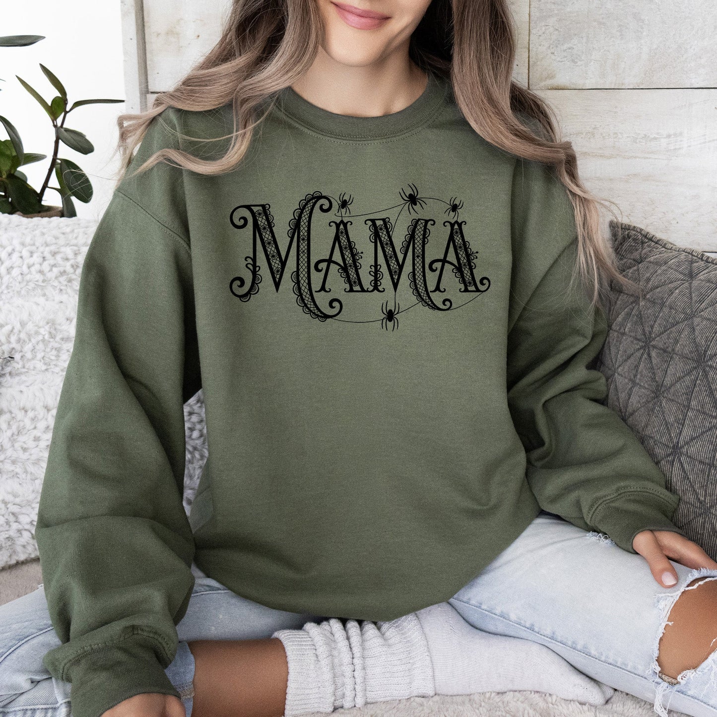 Mama, Lace, Spiders, Halloween, Ghost, Checkered, Retro, Vintage, Spooky, Costume, Fall, Graphic Sweatshirt