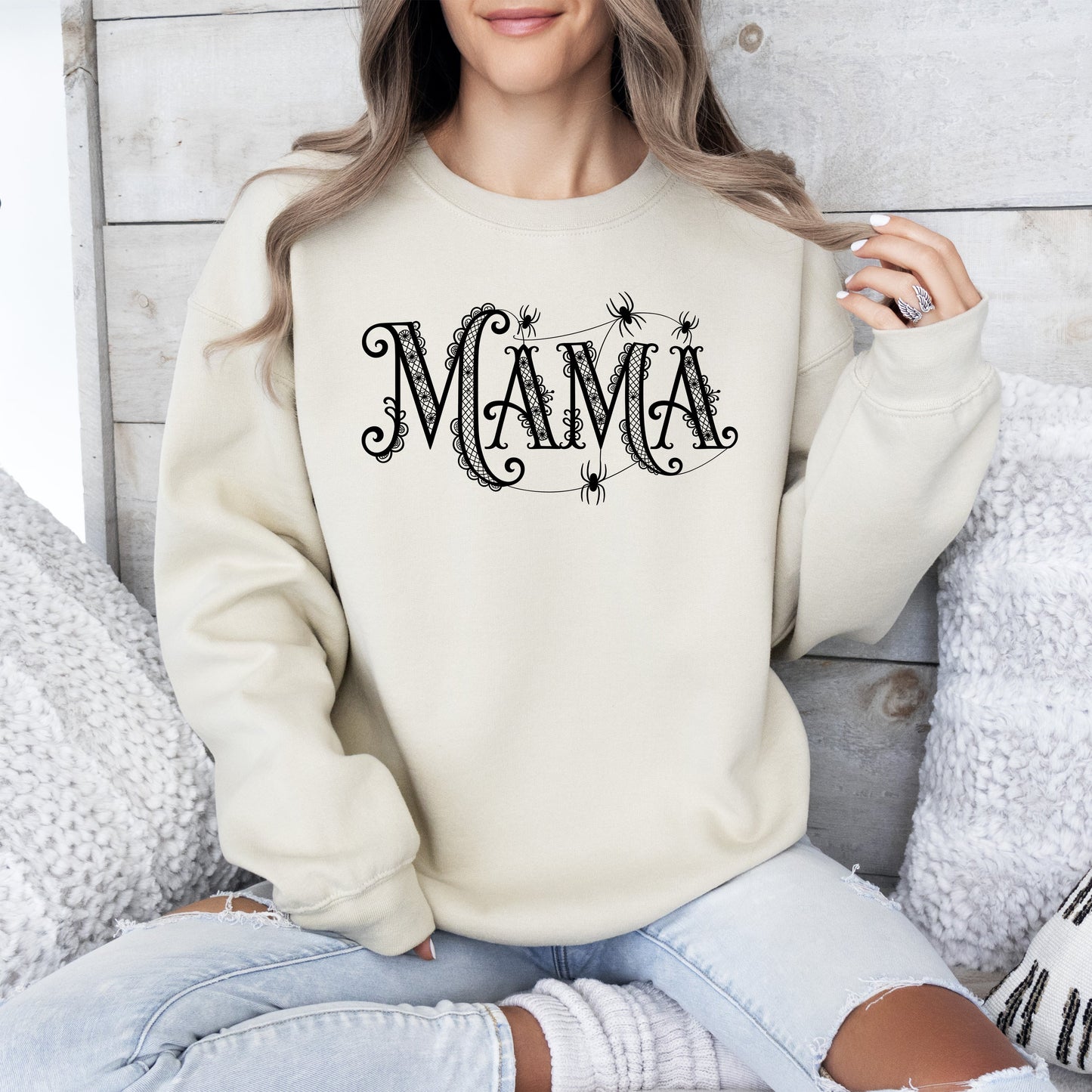 Mama, Lace, Spiders, Halloween, Ghost, Checkered, Retro, Vintage, Spooky, Costume, Fall, Graphic Sweatshirt