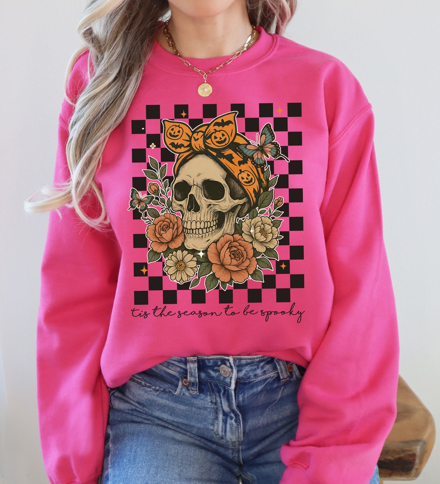 Tis The Season, Skull, Halloween, Ghost, Checkered, Retro, Vintage, Spooky, Costume, Fall, Graphic Sweatshirt