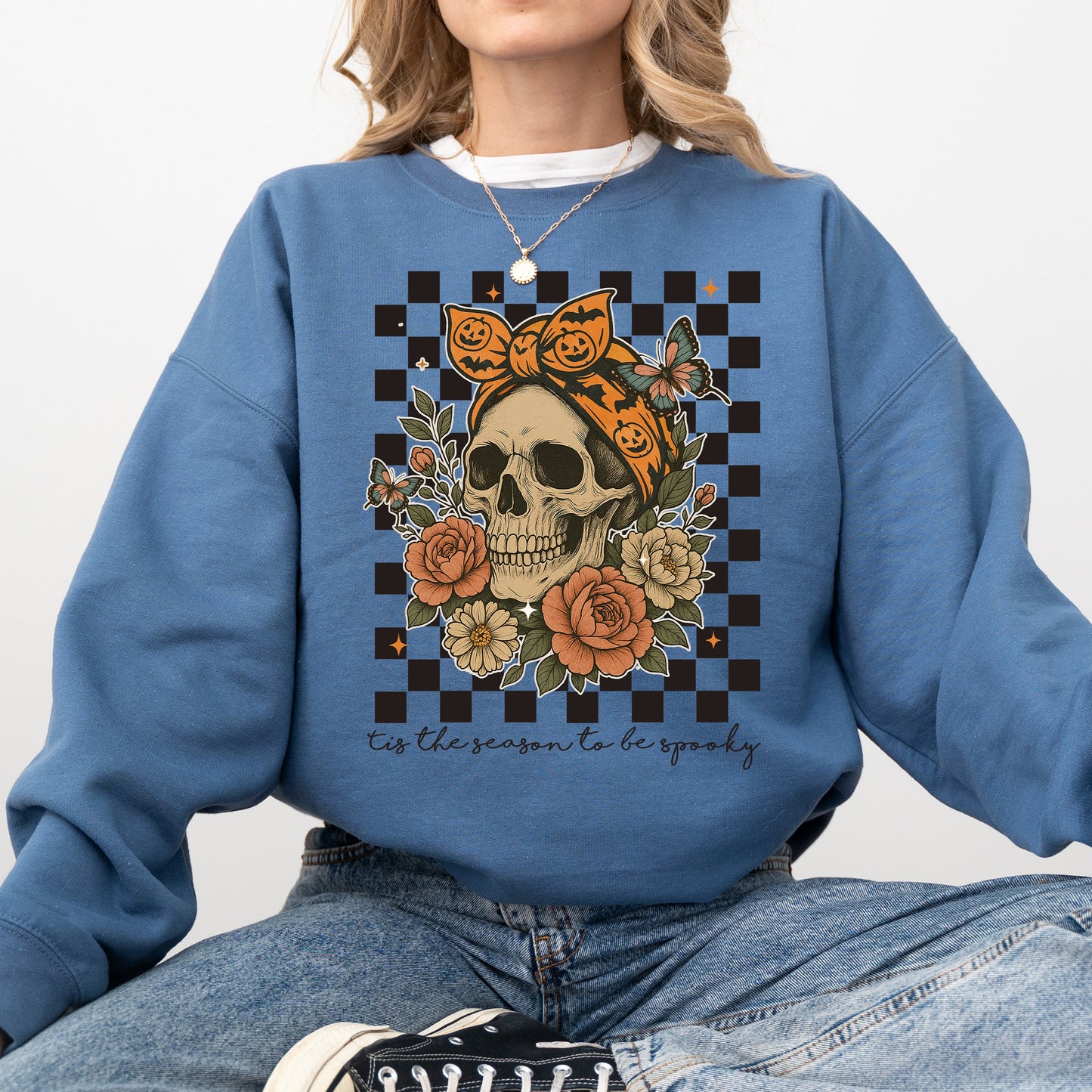 Tis The Season, Skull, Halloween, Ghost, Checkered, Retro, Vintage, Spooky, Costume, Fall, Graphic Sweatshirt