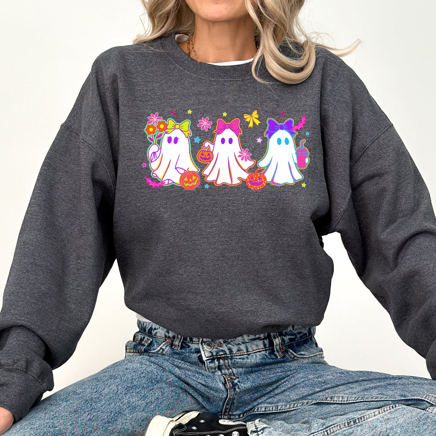 Cute Neon Ghosts, Halloween, Checkered, Retro, Vintage, Spooky, Costume, Fall, Graphic Sweatshirt
