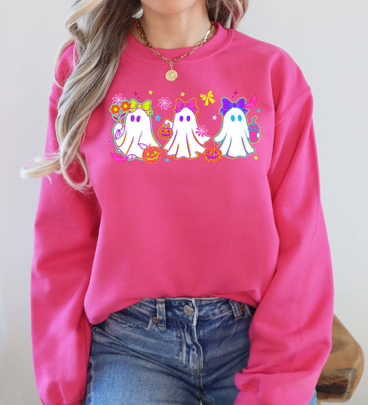 Cute Neon Ghosts, Halloween, Checkered, Retro, Vintage, Spooky, Costume, Fall, Graphic Sweatshirt