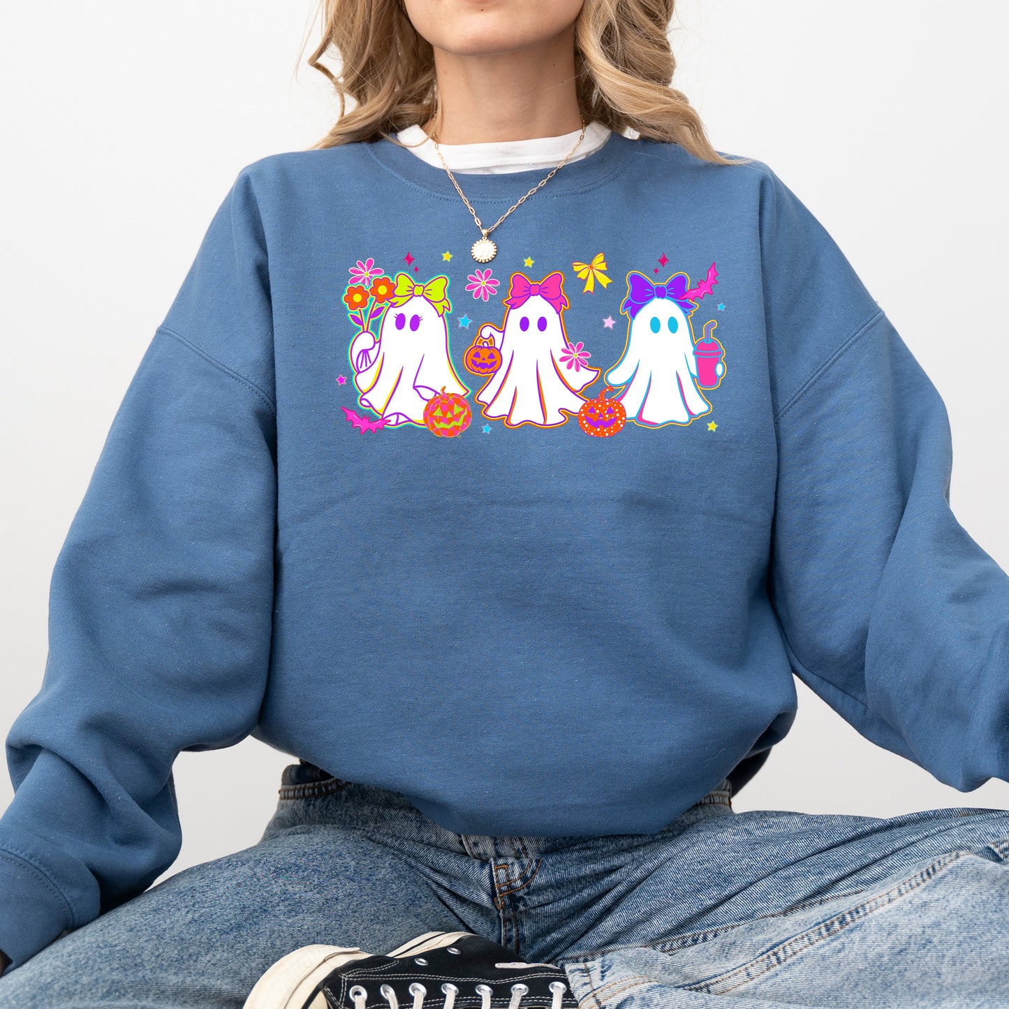 Cute Neon Ghosts, Halloween, Checkered, Retro, Vintage, Spooky, Costume, Fall, Graphic Sweatshirt