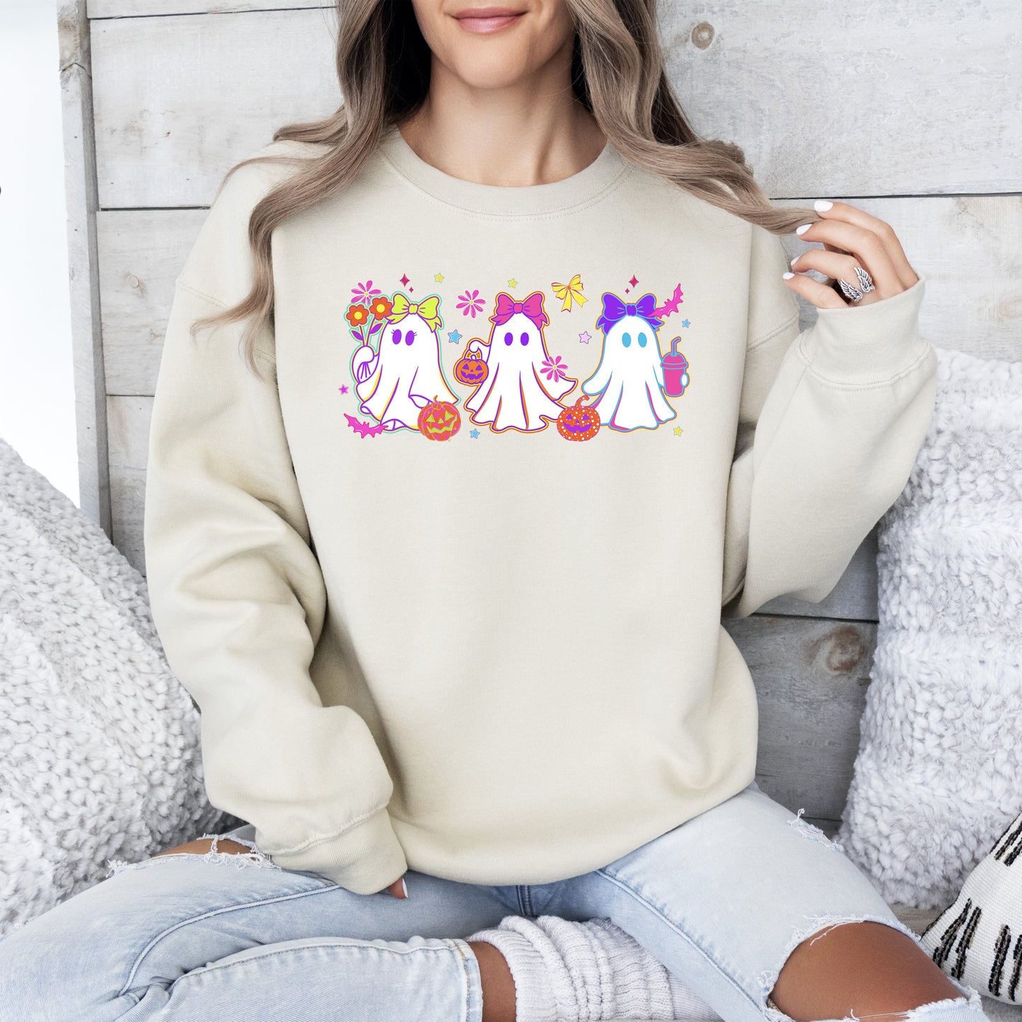 Cute Neon Ghosts, Halloween, Checkered, Retro, Vintage, Spooky, Costume, Fall, Graphic Sweatshirt
