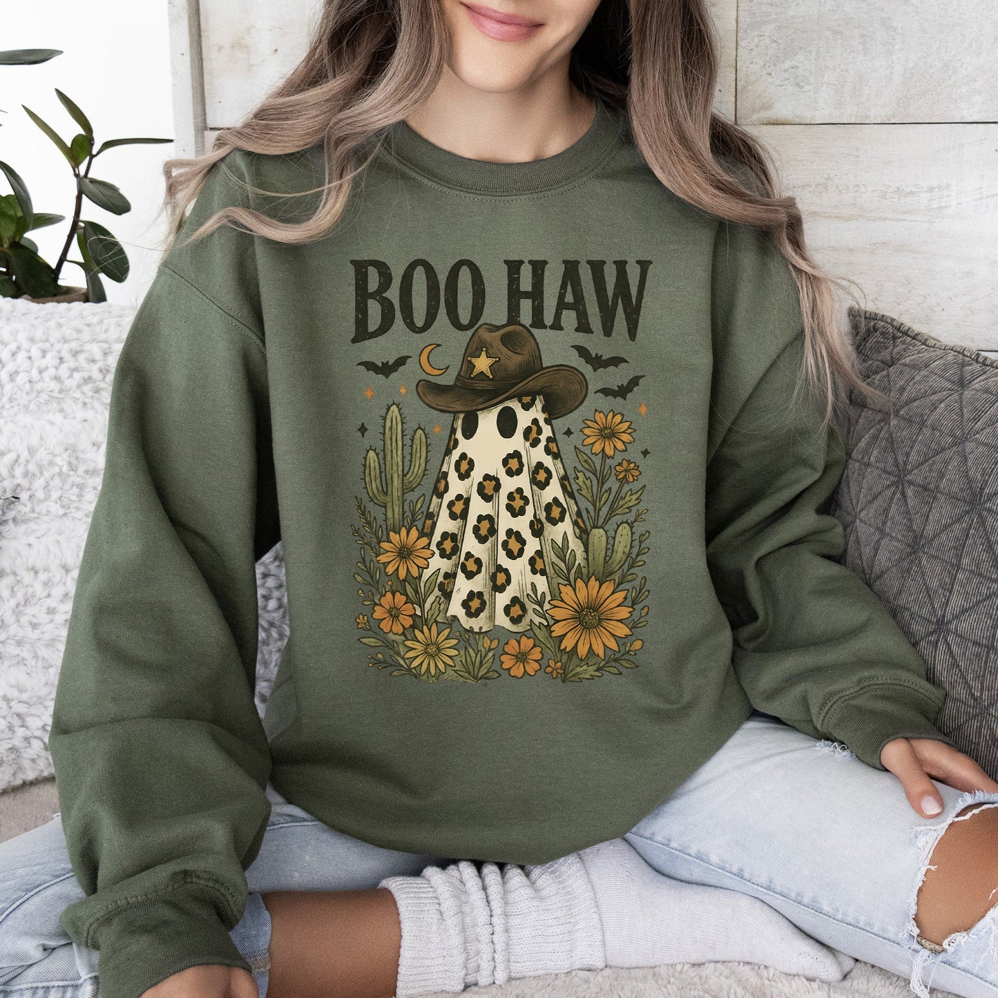 Boo Haw, Cowboy Ghost, Western, Halloween, Retro, Vintage, Spooky, Costume, Fall, Graphic Sweatshirt