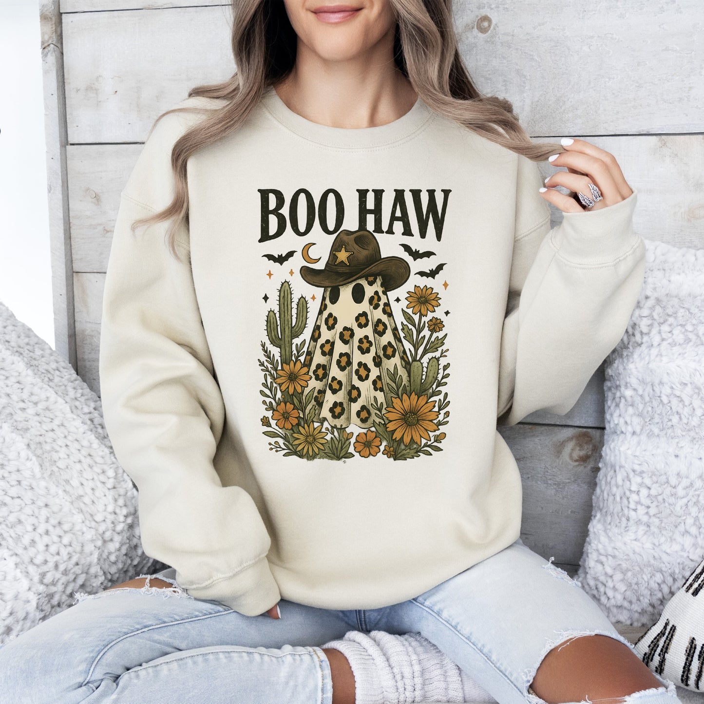 Boo Haw, Cowboy Ghost, Western, Halloween, Retro, Vintage, Spooky, Costume, Fall, Graphic Sweatshirt