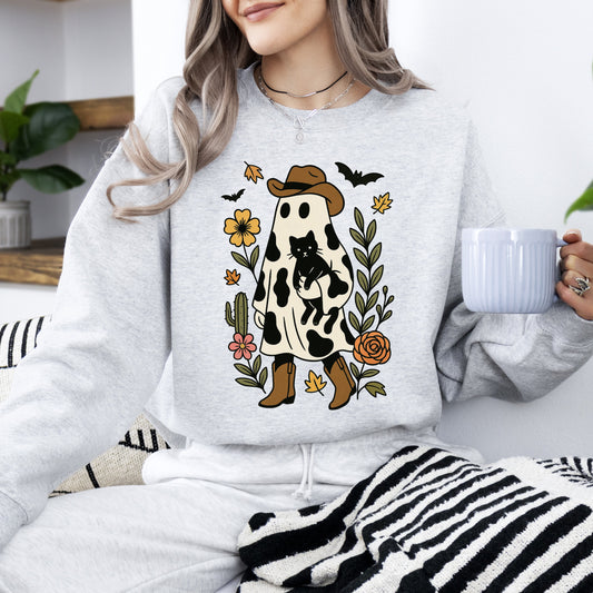 Cute Cowboy Ghost, Cat, Western, Halloween, Retro, Vintage, Spooky, Costume, Fall, Graphic Sweatshirt