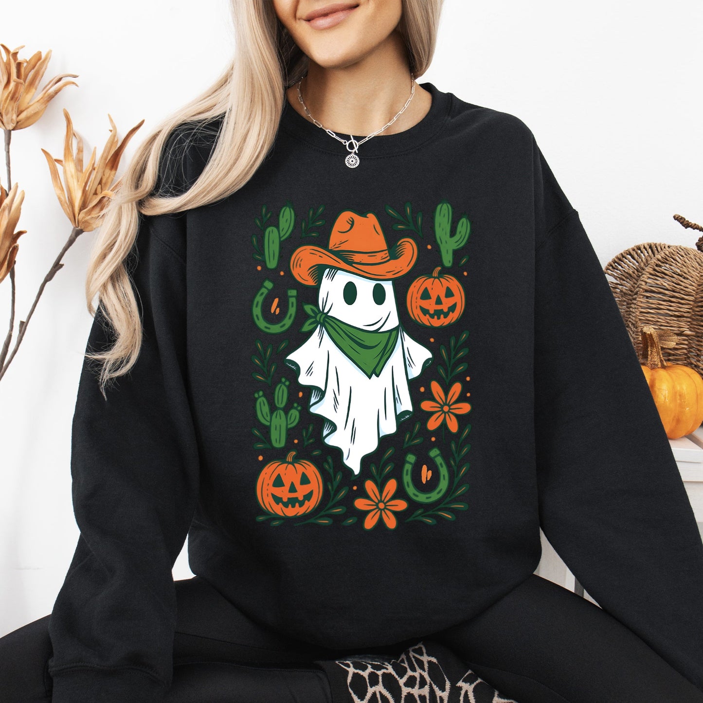 Western Ghost, Cowboy, Pumpkin, Halloween, Retro, Vintage, Spooky, Costume, Fall, Graphic Sweatshirt