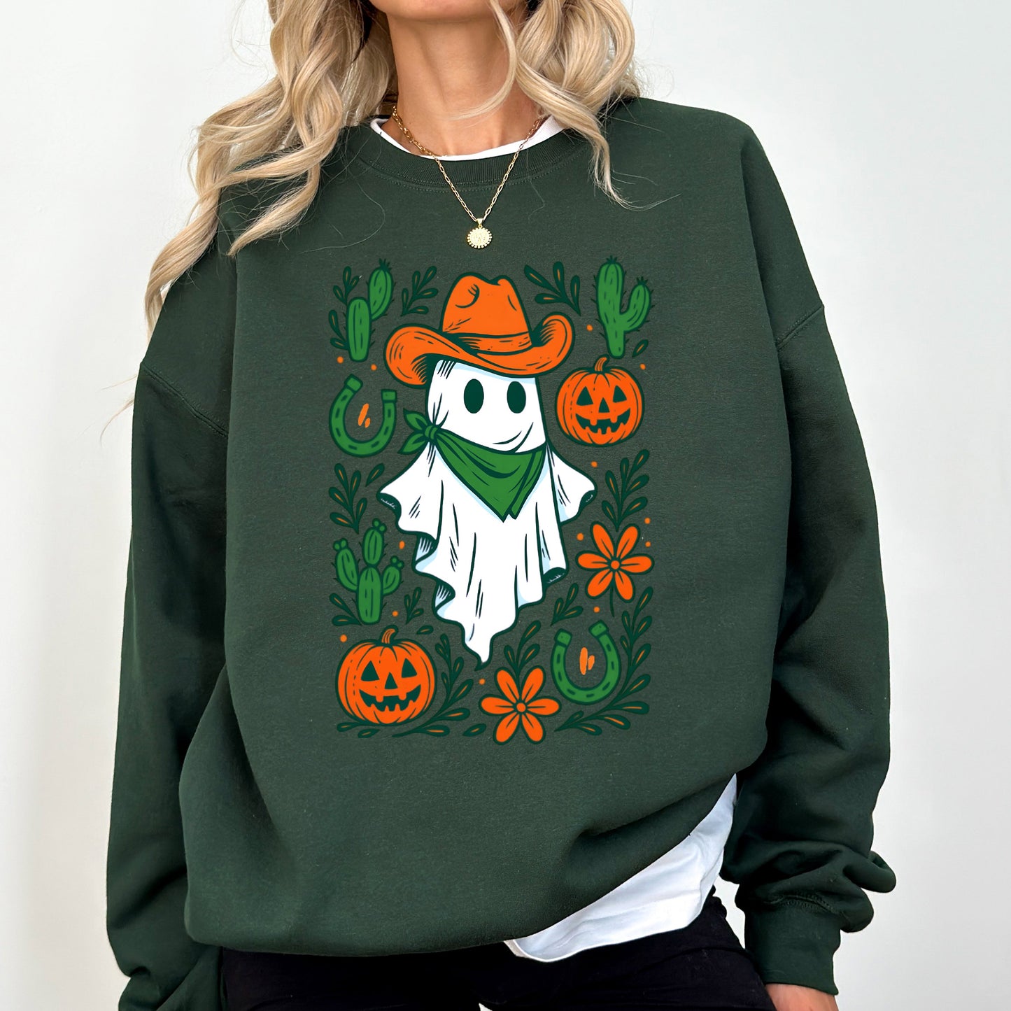 Western Ghost, Cowboy, Pumpkin, Halloween, Retro, Vintage, Spooky, Costume, Fall, Graphic Sweatshirt