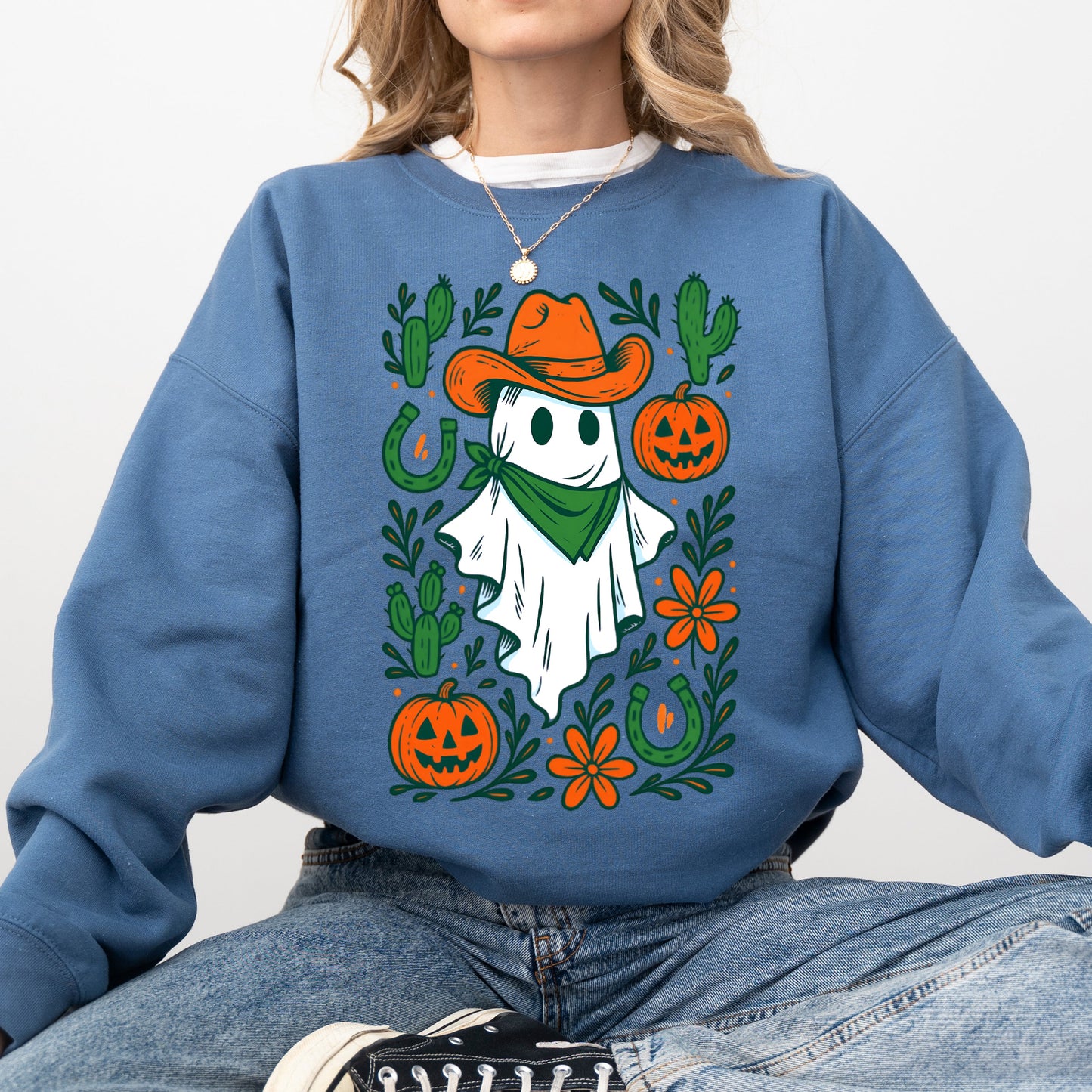 Western Ghost, Cowboy, Pumpkin, Halloween, Retro, Vintage, Spooky, Costume, Fall, Graphic Sweatshirt