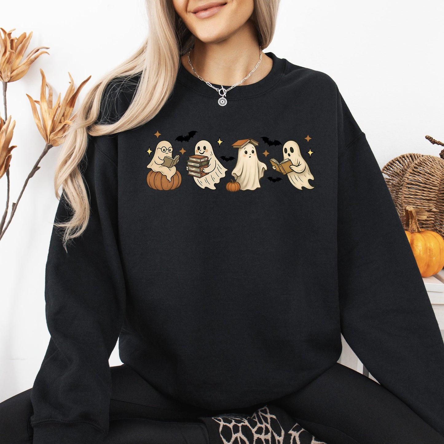 Reading Mini Ghosts, Book Lover, Halloween, Retro, Vintage, Spooky, Costume, Fall, Graphic Sweatshirt