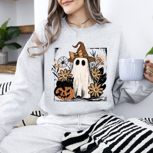 Vintage Ghost, Witch, Bow, Coquette, Pumpkin, Halloween, Floral, Retro, Spooky, Costume, Fall, Graphic Sweatshirt