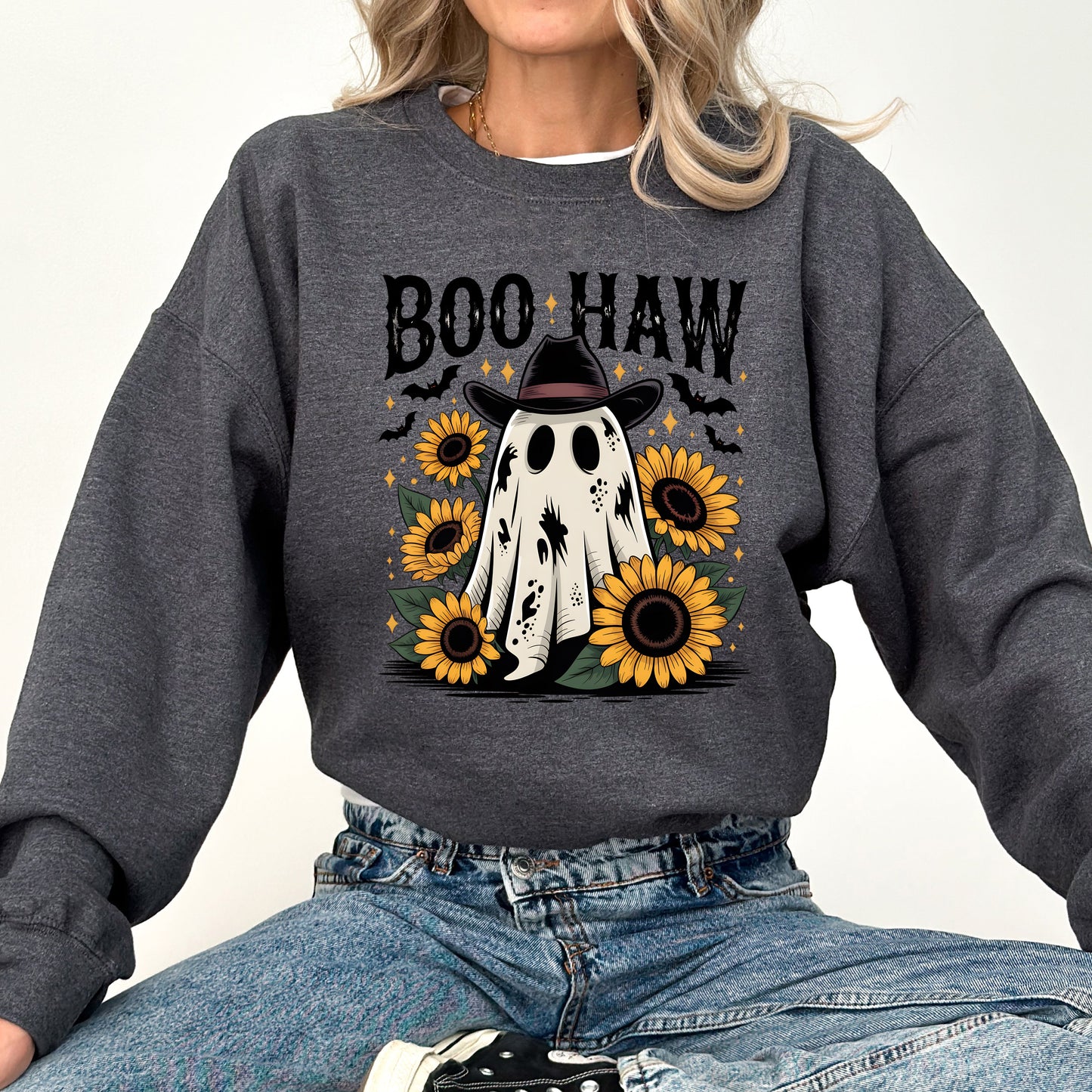 Boo Haw, Cowboy Ghost, Halloween, Western, Sunflowers, Vintage, Pumpkin, Retro, Spooky, Costume, Fall, Graphic Sweatshirt