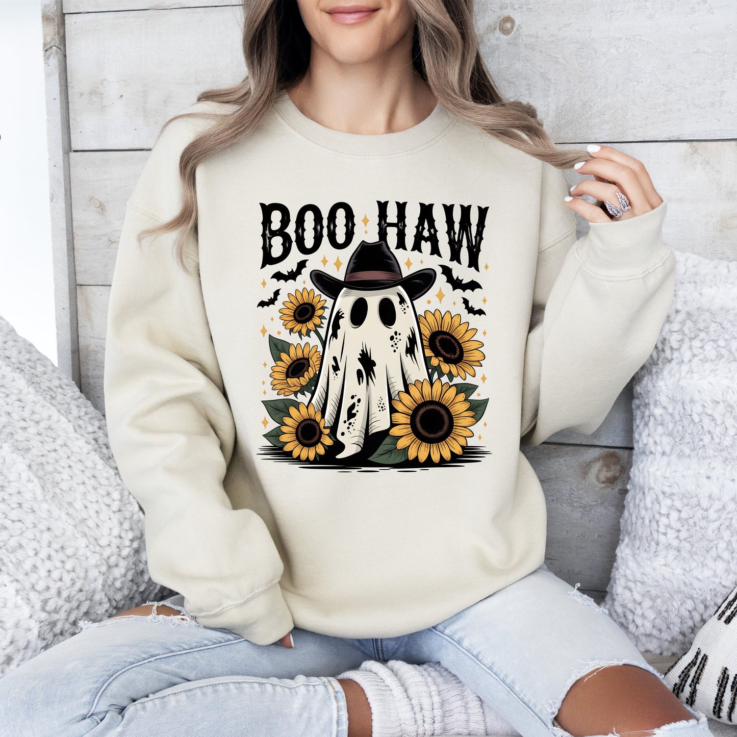 Boo Haw, Cowboy Ghost, Halloween, Western, Sunflowers, Vintage, Pumpkin, Retro, Spooky, Costume, Fall, Graphic Sweatshirt