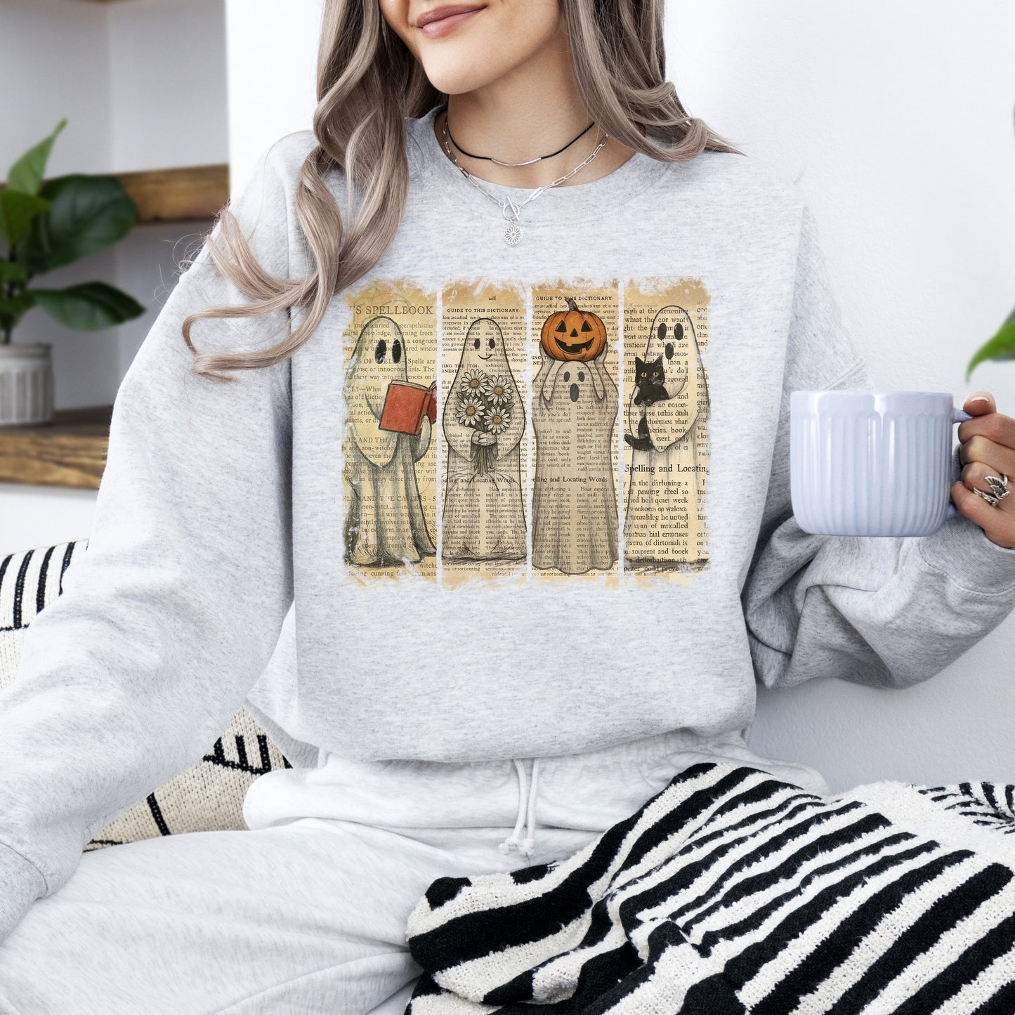 Vintage Newspaper Ghost, Halloween, Book, Cat, Western, Pumpkin, Retro, Spooky, Costume, Fall, Graphic Sweatshirt