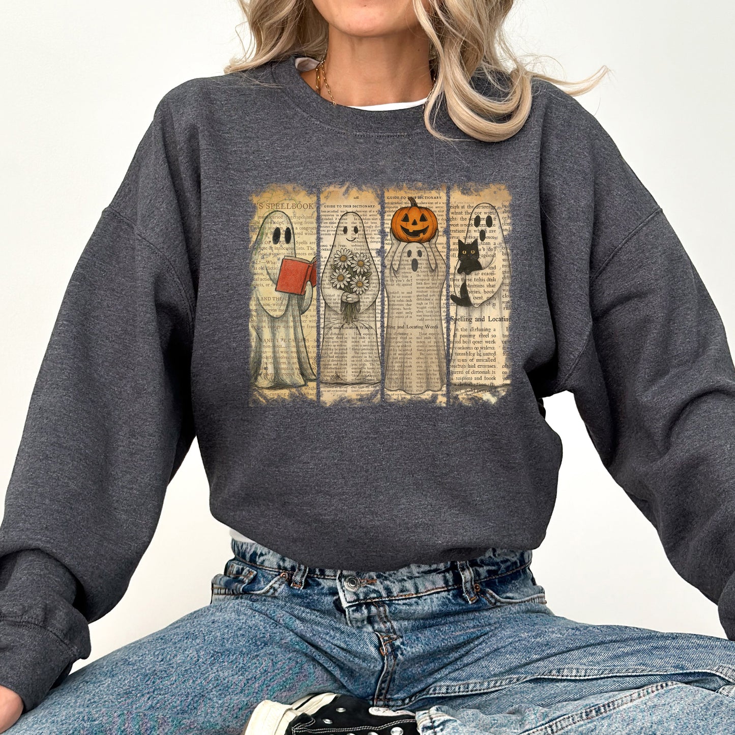 Vintage Newspaper Ghost, Halloween, Book, Cat, Western, Pumpkin, Retro, Spooky, Costume, Fall, Graphic Sweatshirt