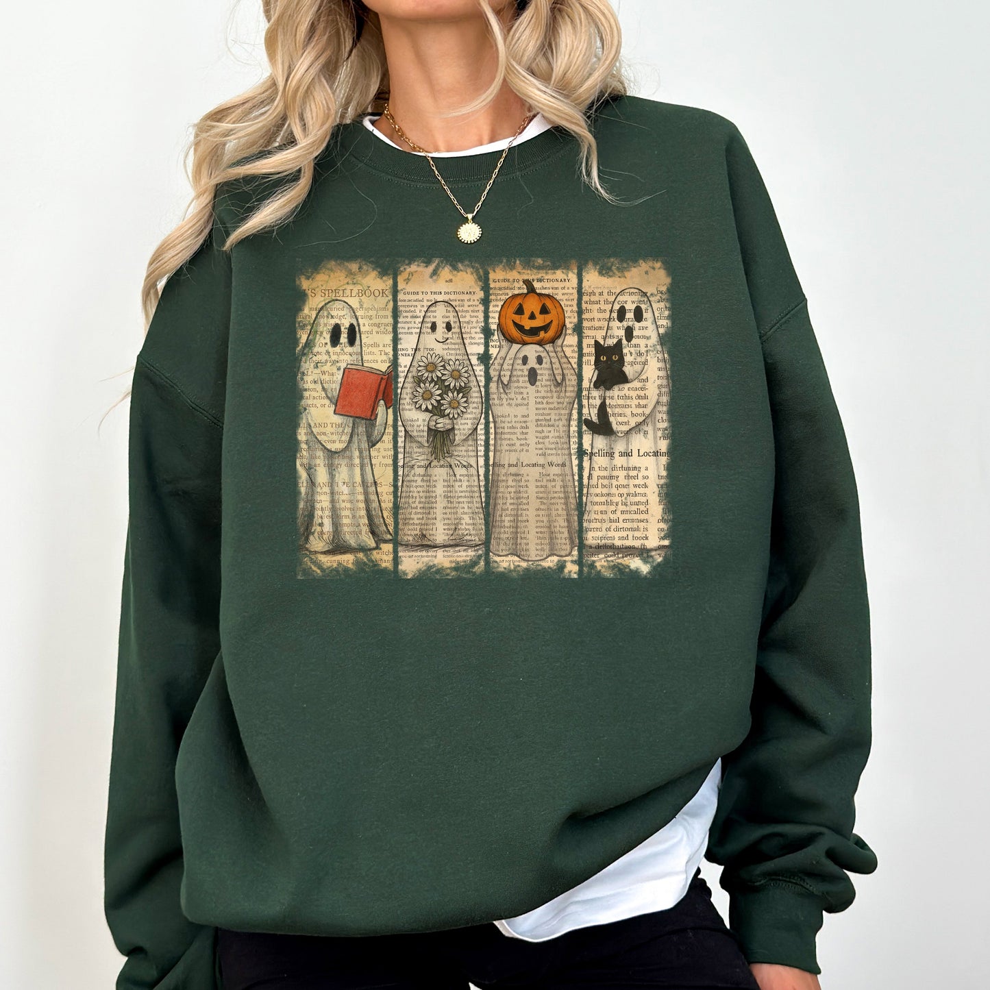 Vintage Newspaper Ghost, Halloween, Book, Cat, Western, Pumpkin, Retro, Spooky, Costume, Fall, Graphic Sweatshirt