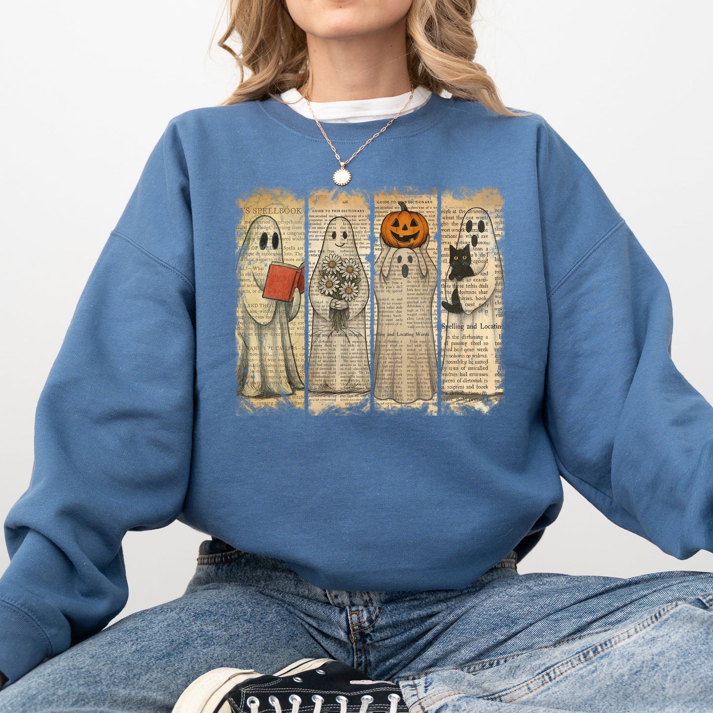 Vintage Newspaper Ghost, Halloween, Book, Cat, Western, Pumpkin, Retro, Spooky, Costume, Fall, Graphic Sweatshirt
