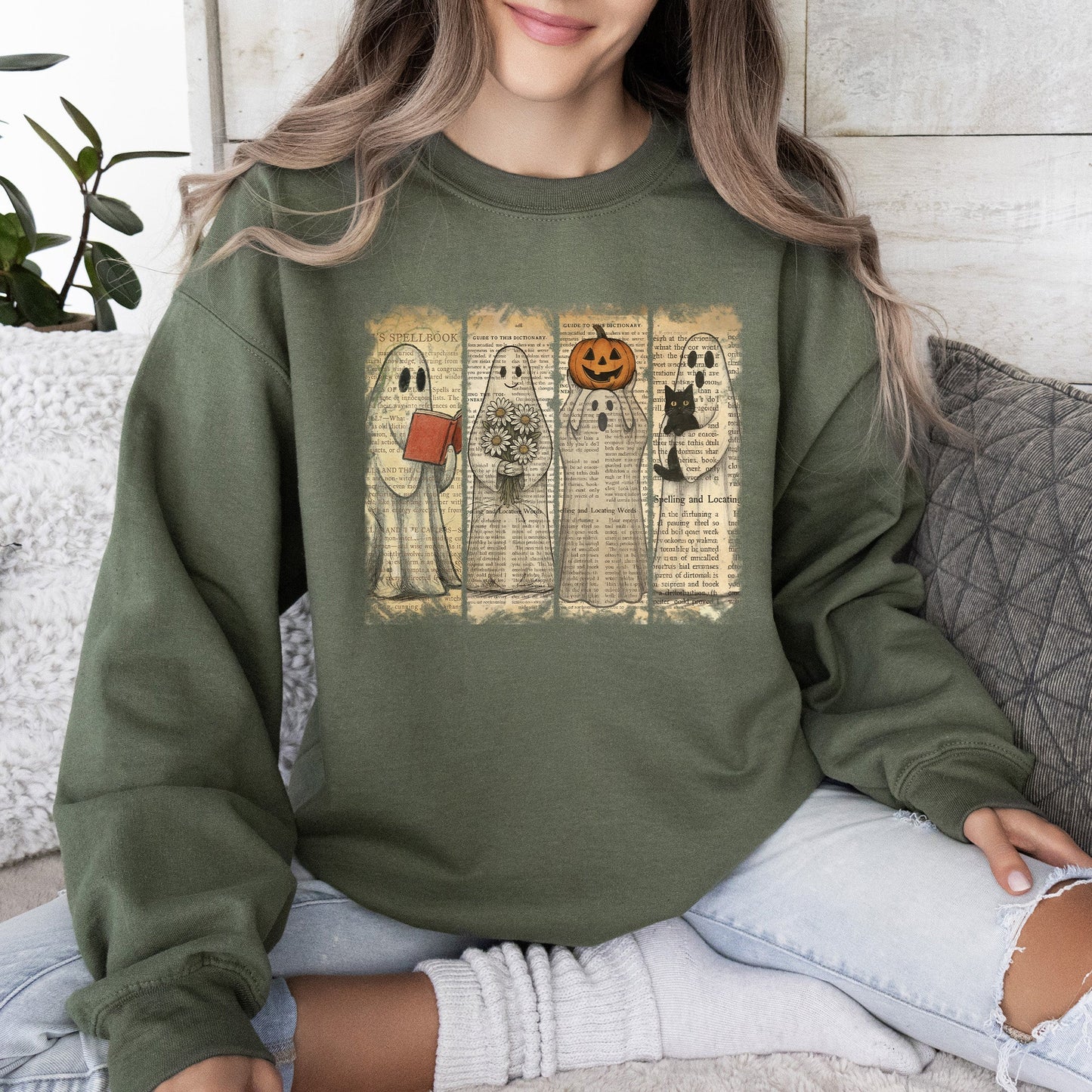Vintage Newspaper Ghost, Halloween, Book, Cat, Western, Pumpkin, Retro, Spooky, Costume, Fall, Graphic Sweatshirt