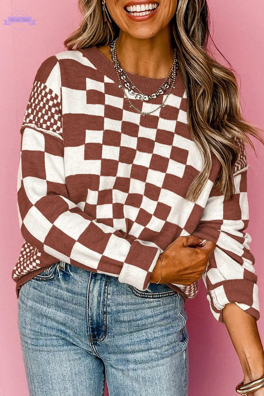 Khaki Checkered Print Drop Shoulder Round Neck Sweater Aaria Tees