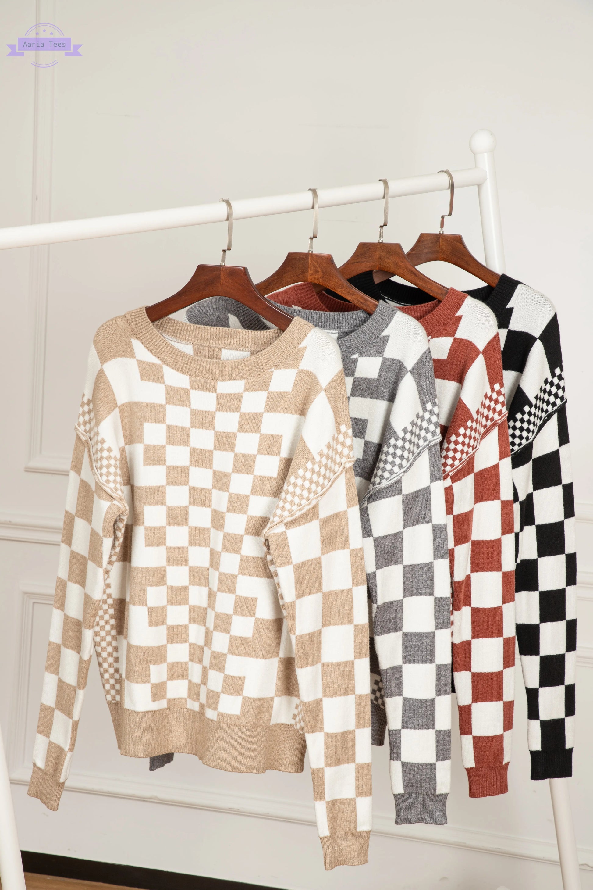 Khaki Checkered Print Drop Shoulder Round Neck Sweater Aaria Tees