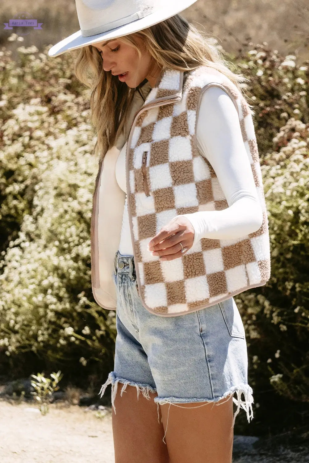 Khaki Checkered Sherpa Collared Jacket Vest Aaria Tees