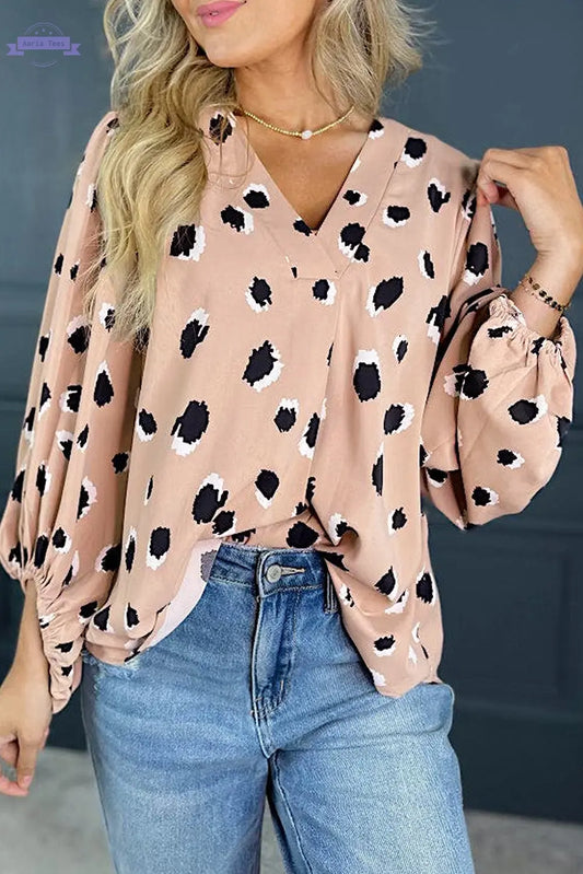 Khaki Classic Leopard V Neck Bracelet Sleeve Blouse Aaria Tees