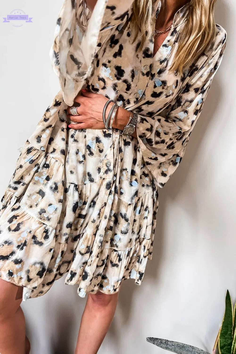 Khaki Leopard Print Buttoned Front 3/4 Sleeve Tiered Ruffled Hem Dress Aaria Tees
