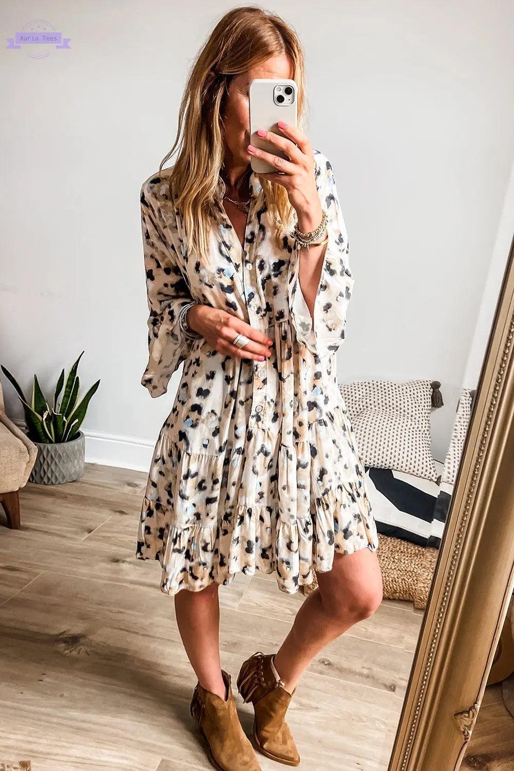 Khaki Leopard Print Buttoned Front 3/4 Sleeve Tiered Ruffled Hem Dress Aaria Tees