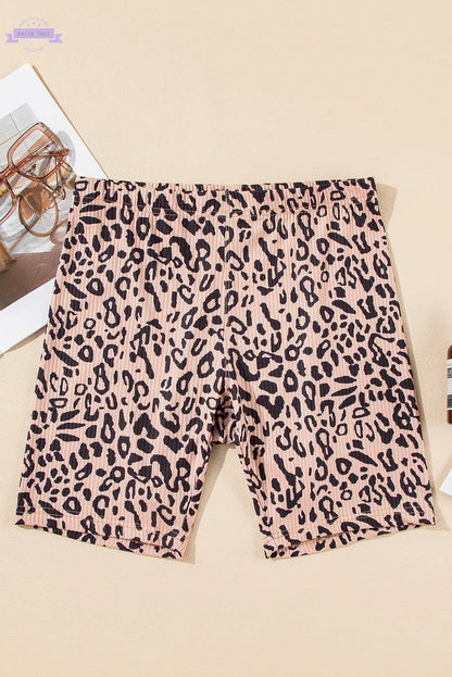 Khaki Leopard Print Ribbed Textured Knit Biker Shorts Aaria Tees