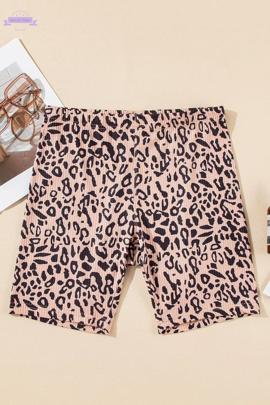 Khaki Leopard Print Ribbed Textured Knit Biker Shorts Aaria Tees