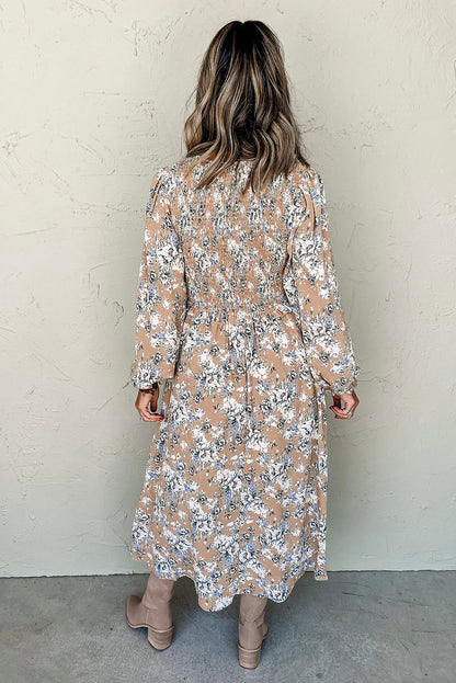 Khaki Maple Grove Floral Smocked Puff Sleeve Long Dress - Aaria Tees