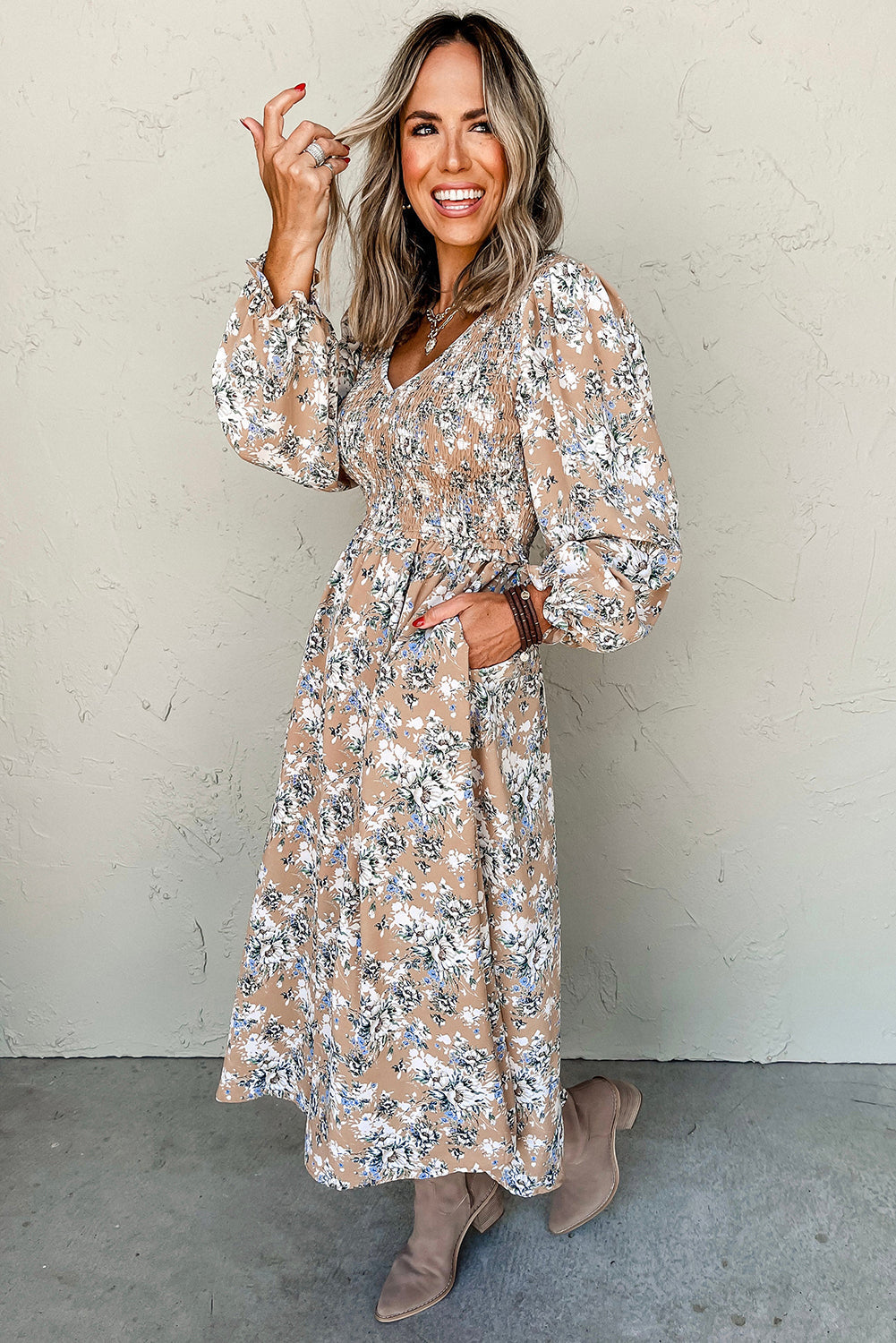 Khaki Maple Grove Floral Smocked Puff Sleeve Long Dress - Aaria Tees