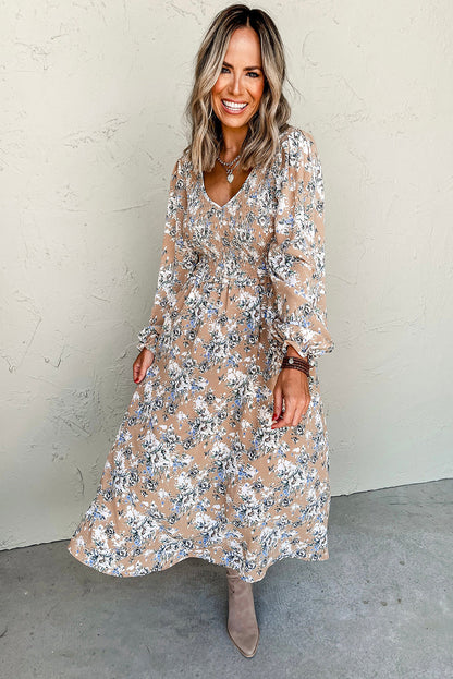 Khaki Maple Grove Floral Smocked Puff Sleeve Long Dress - Aaria Tees