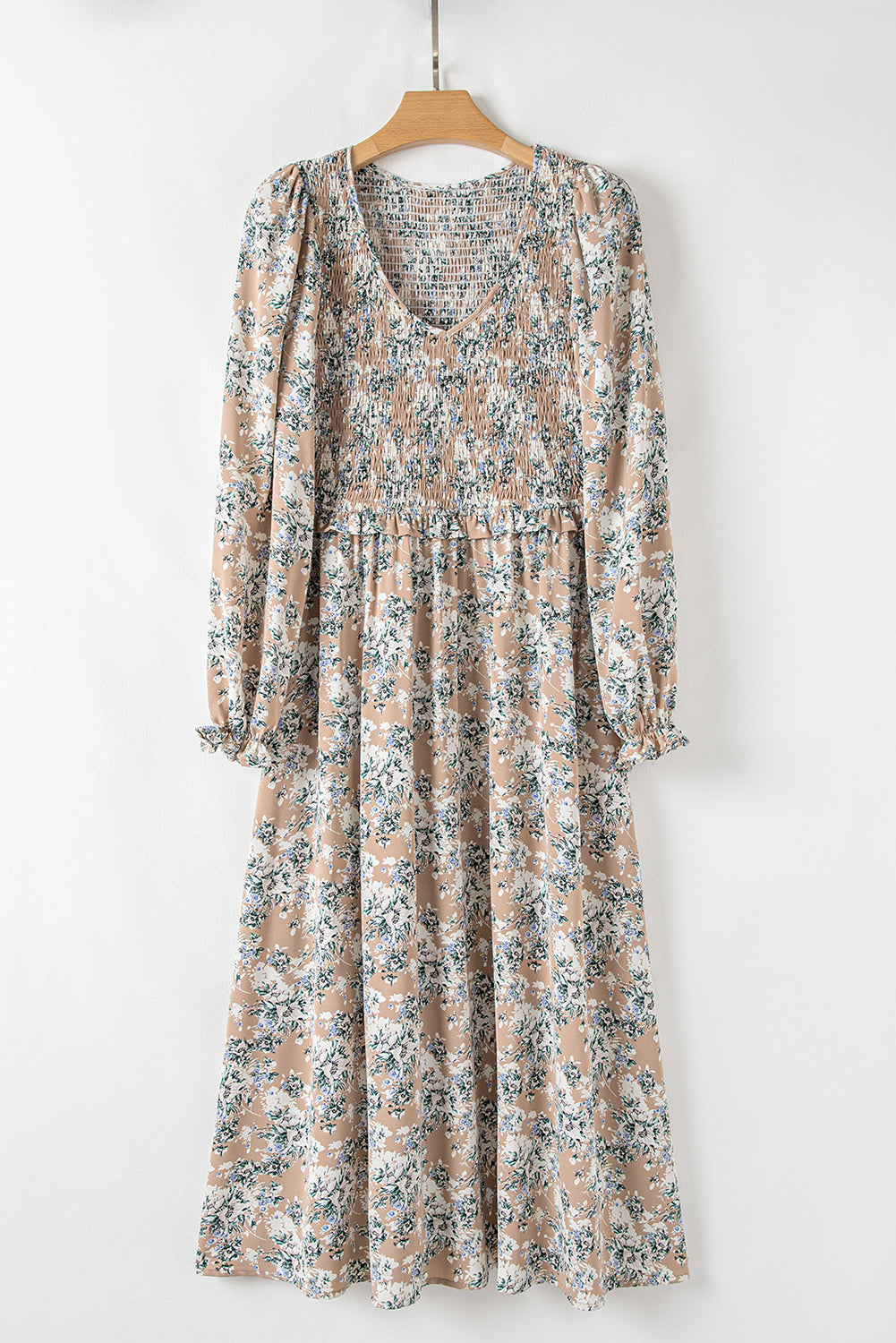 Khaki Maple Grove Floral Smocked Puff Sleeve Long Dress - Aaria Tees