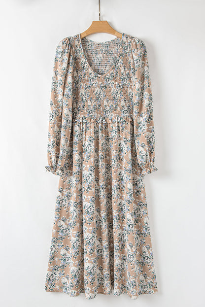 Khaki Maple Grove Floral Smocked Puff Sleeve Long Dress - Aaria Tees