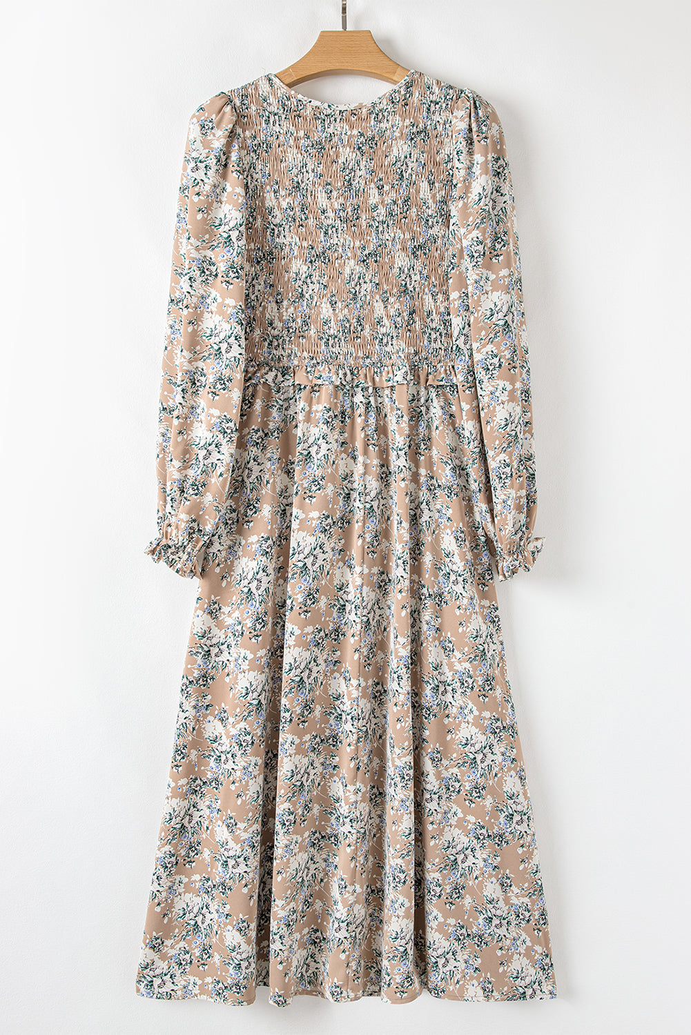 Khaki Maple Grove Floral Smocked Puff Sleeve Long Dress - Aaria Tees Aaria Tees